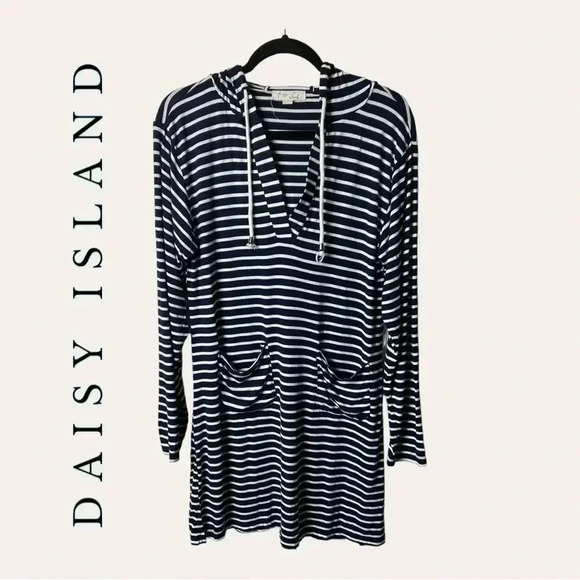 0045. DAISY ISLAND LONG‎ SLEEVE DRESS SIZE LARGE NAVY BLUE AND WHITE STRIPES - Picture 1 of 9
